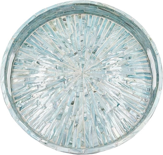 PEMAR 12.6” Mother of Pearl Round Serving Tray with Handles, Decorative Nacred Wooden Ottoman Coffee Table Tray (Teal Sunlight)