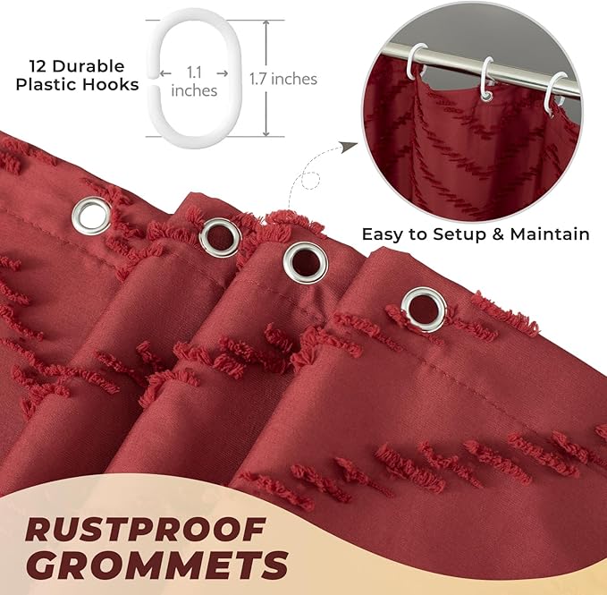 78inches Long Burgundy Shower Curtain Boho Farmhouse Shower Curtain 72 x 78 Tufted Chevron Textured Minimalist Shower Curtains for Bathroom