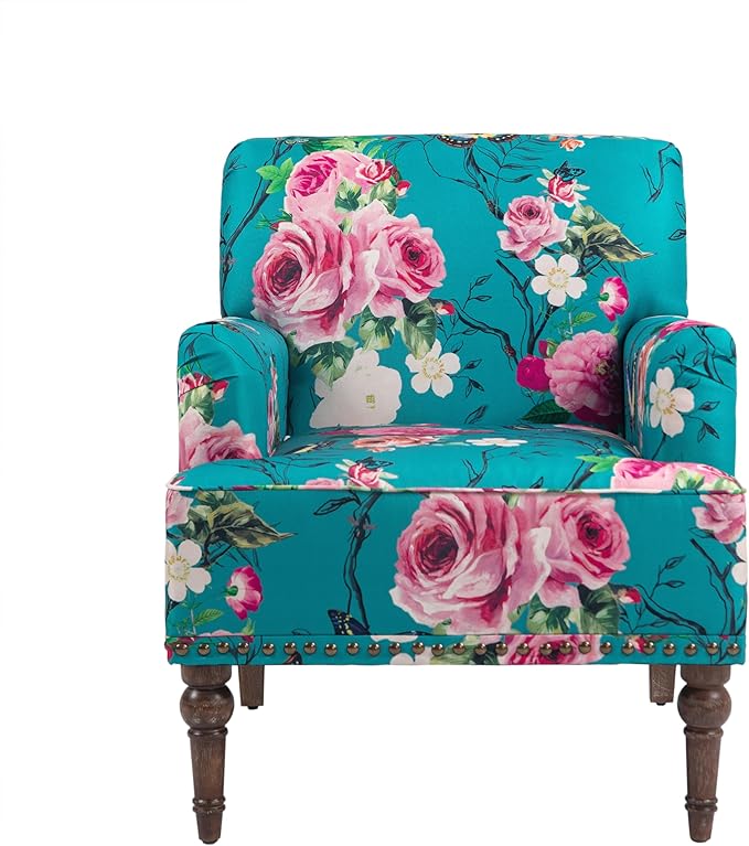 UIXE Floral Accent Chair, Living Room Arm Chairs Modern Nailhead Trim Club Armchair with Wood Legs, Comfy Upholstered Sofa Lounge Seat Reading Seat Bedroom Side Seating for Home Office