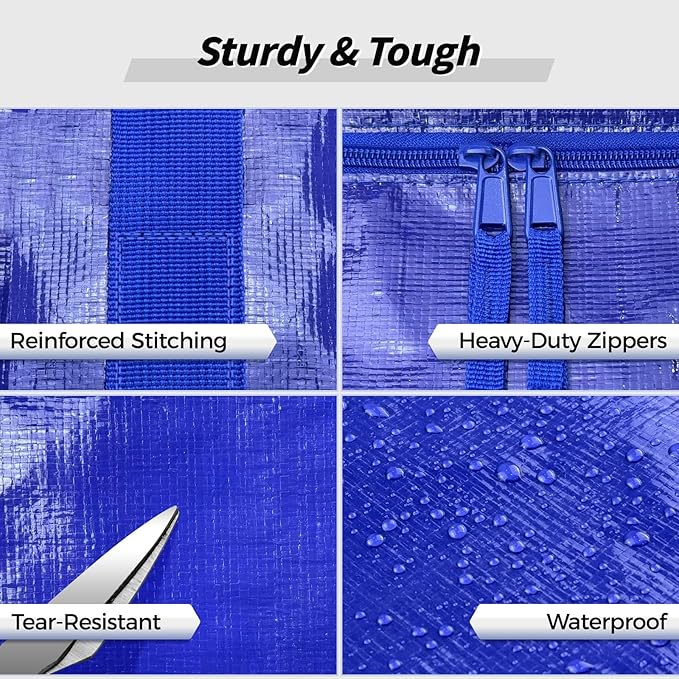 8 Pack Extra Large Heavy Duty Moving Bags, Blue Storage Bins with Lids, Reinforced Handles & Heavy-Duty Zippers Moving Boxes Storage Bags Totes for Clothes Packing, Dorms, College Supplies, Blue