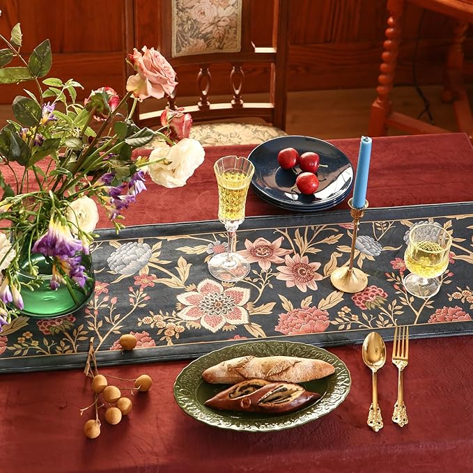 patdrea Designer Vintage Black Floral Velvet Table Runner 87 Inch Long, Pink Khaki Bouquets Pattern Table Mat, Decoration for Kitchen Dining Coffee Table Cabinet Banquet Thanksgiving,12"*87"