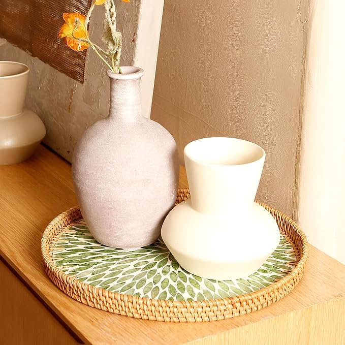 Round Rattan Tray with Mother of Pearl Inlay & Wooden Base - Decorative Wicker Serving Tray for Coffee/Bread/Fruits, Food Storage & Display - Multipurpose Home Decor (M,Green Leaves)