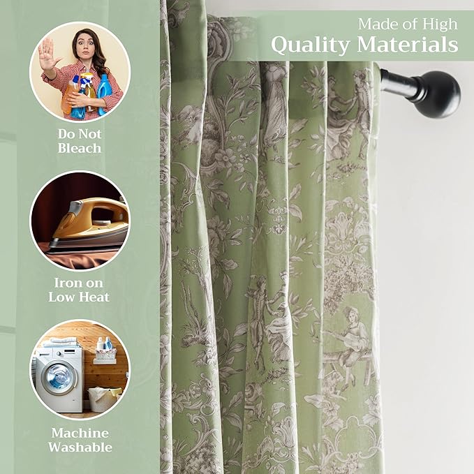 Maison d' Hermine Curtains for Living Room 100% Cotton 124 inch Length Two Panels Light Filtering Toile Curtains for Bedroom Windows with Rod and Loop Pockets Drapes (Joli Jouy Green, 50" W x 124" L)