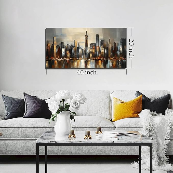 GUGIKA City Wall Art for Living Room, Gold and Grey Wall-Decor for Bedroom, Modern Cityscape Poster Canvas Print, Size 40 x 20 Inches