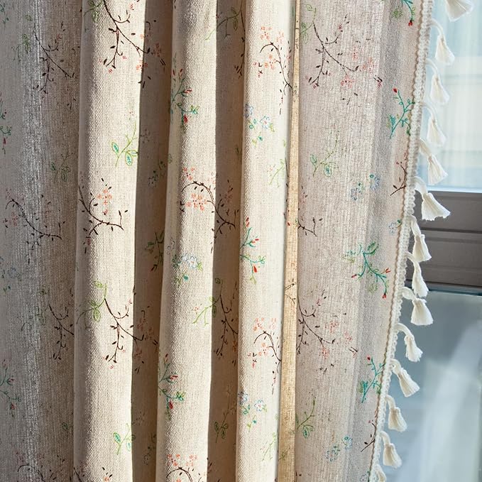 Floral Curtains Farmhouse Curtains for Living Room 84 Inch Length Linen Floral Patterned Curtain Rod Pocket Bedroom Drapes with Tassel, 2 Panels