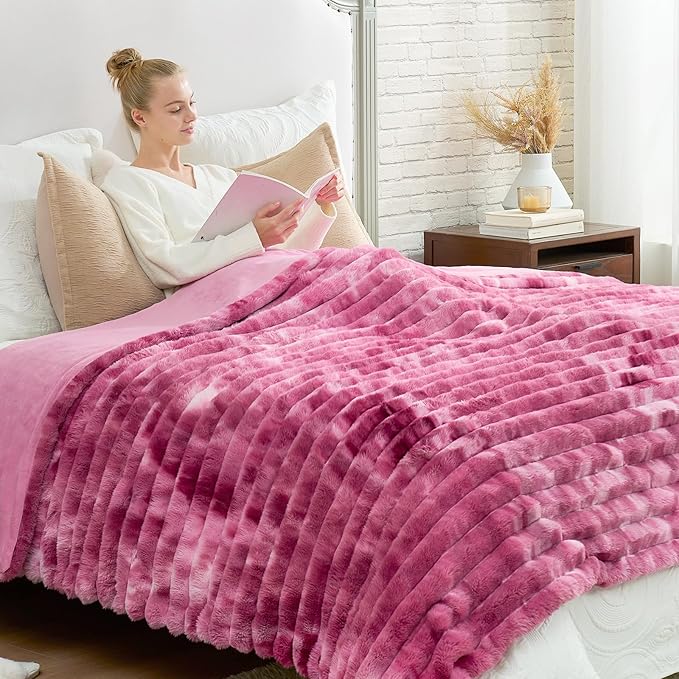 Cozy Bliss Faux Fur Throw Blanket for Couch, Cozy Warm Plush Striped Blanket for Sofa Bedroom Living Room, 90 * 90 Inches Tie-dye Pink