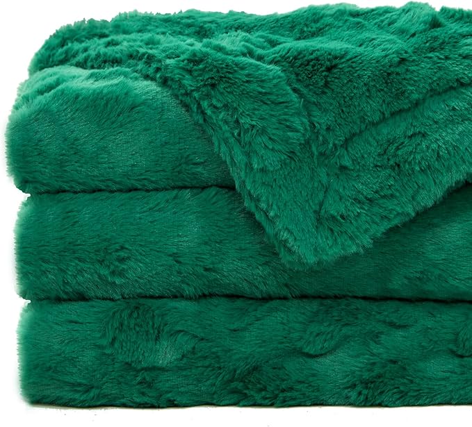 TOONOW Faux Fur Luxury Throw Blanket,Double Side Soft Fluffy Shaggy Fuzzy Blanket for Couch Sofa Bed (Emerald, Throw)
