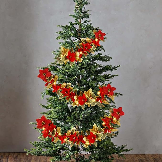 Glintoper Christmas Poinsettia Garland, 5.9 FT Lighted Artificial Garlands with 36 Red Flowers, Battery Operated with Timer Poinsettia String Lights, Light up for Xmas New Year Home Decor