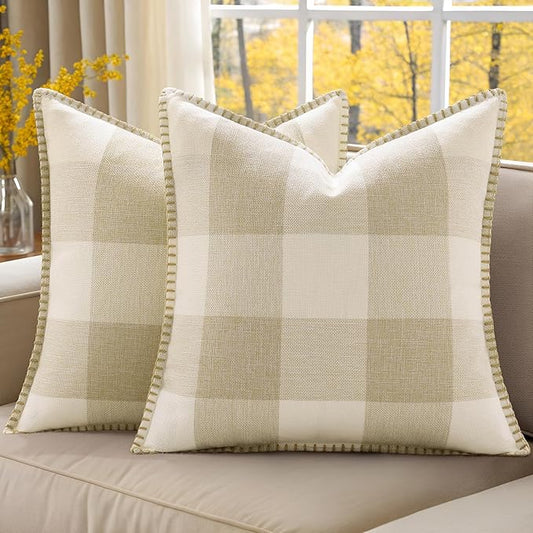 decorUhome Christmas Buffalo Plaid Check Throw Pillow Covers 22x22 Set of 2, Outdoor Linen Decorative Farmhouse Gingham Pillow Covers with Stitched Edge for Bed Couch Sofa, Cream White and Beige