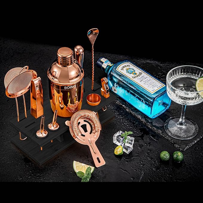 SOING 11-Piece Mixology Bartender Kit with Stand,Bar Kit Cocktail Shaker Set with All Essential Accessories:Martini Shaker,Spoon,Muddler,Strainer,Jigger,Tongs,Liquor Pourers