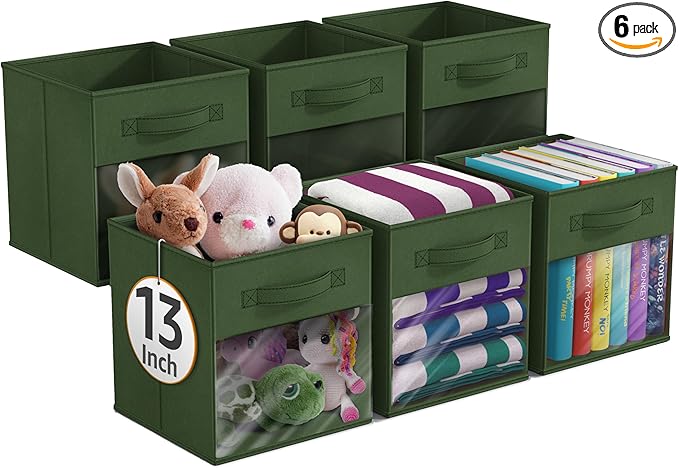 Sorbus 13 Inch Storage Bins with Clear Window - 6 Foldable Baskets for Organizing Clothes, Toys, Books - Sturdy Collapsible Fabric Storage Cubes with Handle - Storage Baskets for Shelves, Closets