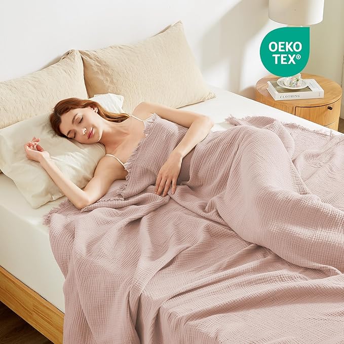 SOULFUL Muslin Throw Blanket with Tassels - Soft Cotton Throw Blanket for Couch or Bed, Lightweight and Breathable Gauze for All Seasons, LightChampagne, 50" x 60"