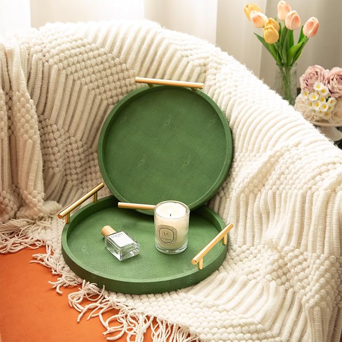 Faux Shagreen Tray, Set of 2 Round Decorative Tray with Gold Polished Metal Handles, Serving Trays Coffee Table Ottoman Trays for Living Room Bathroom Vanity Home Decor (Green)