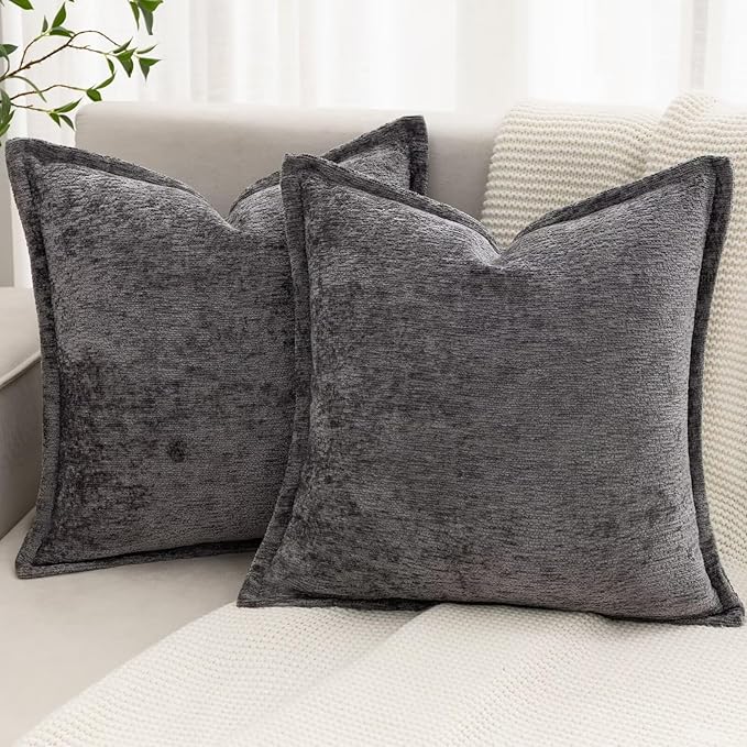 Grey Decorative Throw Pillow Covers 22x22 Inch Set of 2 Cozy Soild Chenille Cushion Cases Soft Textured Square Couch Pillows Cover Boho Accent Farmhouse Pillowcases for Sofa Bed