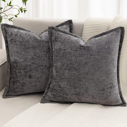 Grey Decorative Throw Pillow Covers 22x22 Inch Set of 2 Cozy Soild Chenille Cushion Cases Soft Textured Square Couch Pillows Cover Boho Accent Farmhouse Pillowcases for Sofa Bed