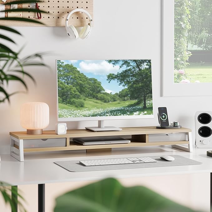 Fenge Dual Monitor Stand, Monitor Riser with Drawer, 42.5 Inch Large Computer Monitor Stand for 2 Monitors, 2 Tier Wooden Desk Shelf for Top of Desk