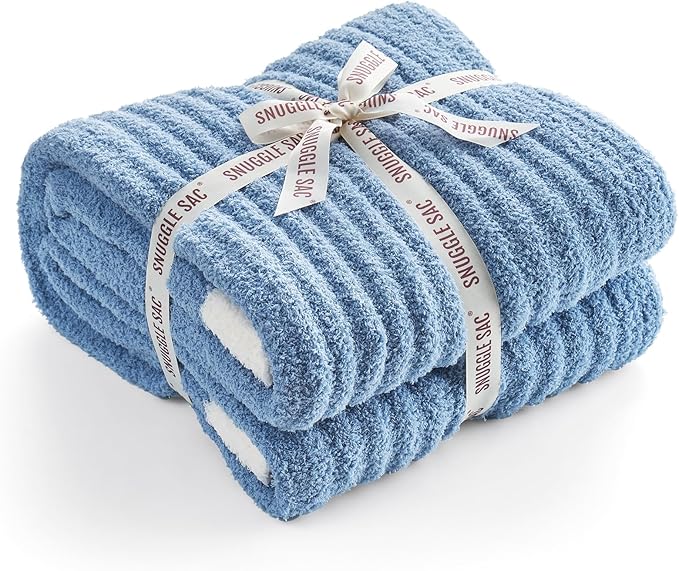 Snuggle Sac Queen Size Blanket for Bed, Soft Luxurious Bedding Blankets, Large Fuzzy Plush Microfiber Blankets, Washed Blue, 90x90 inches