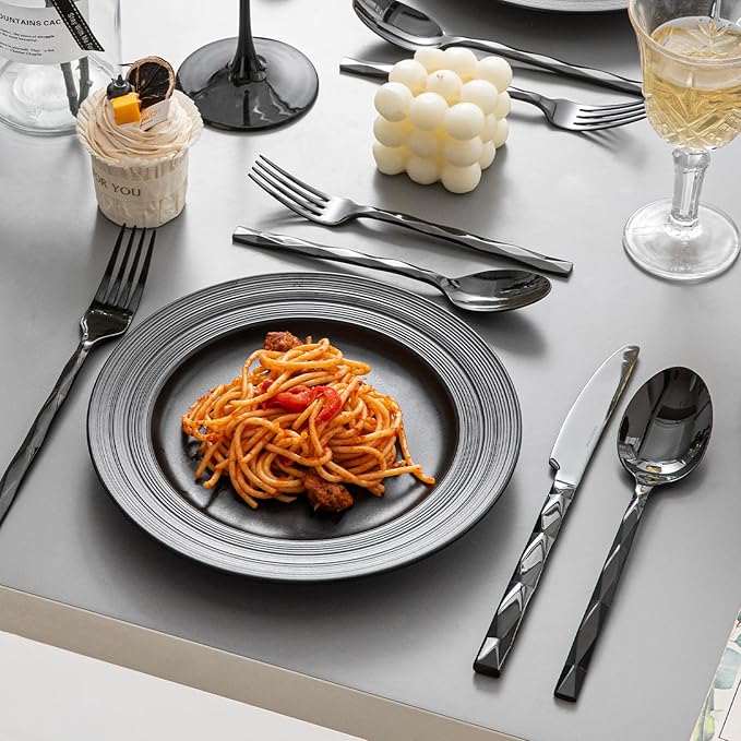 KINGSTONE Black Silverware Set, Luxury 60 Piece Flatware Set for, 18/10 Stainless Steel Cutlery Set with Diamond Cut Pattern for Kitchen, Home, Wedding, Party, Mirror Polished and Dishwasher Safe