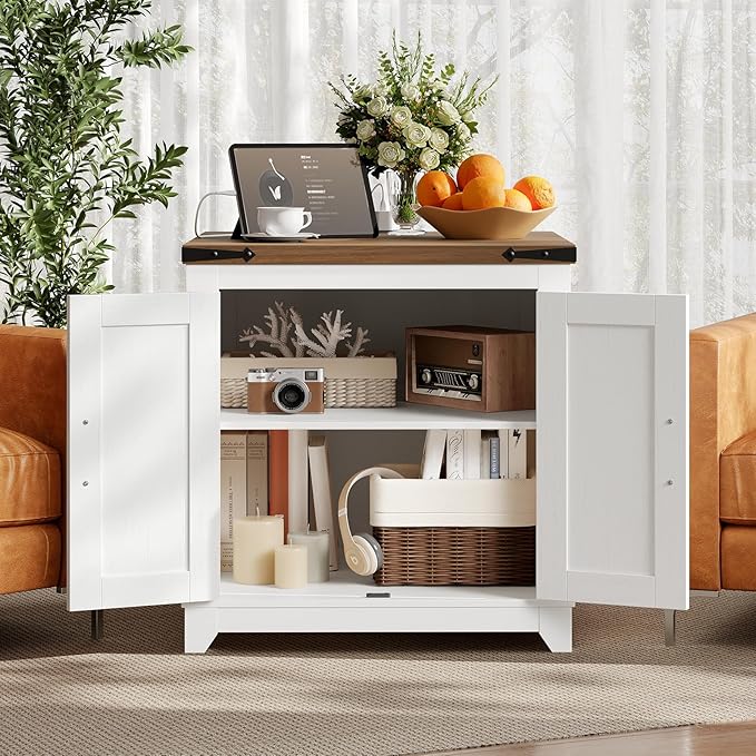 Farmhouse Side Table, Large End Table with Charging Station, Sofa Side Table with Adjustable Shelf and Barn Door, Wooden Nightstand for Living Room, Bedroom, Office, White and Walnut