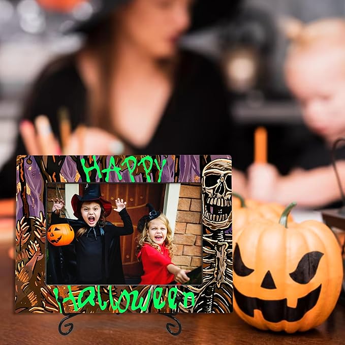 4X6 Halloween Picture Frame With A Metal Stand-Dark Style, Abstract Skeleton Print- Gifts for Kids Friends Family, Wooden Photo Frame For Tabletop Display, Halloween Theme- A27