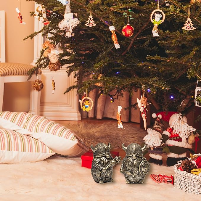 3PCS Viking Warrior Gnome Figurines Set-Viking Decor Home Ornament Mini Gnomes for Table,Shelves,Cabinet (Gold)