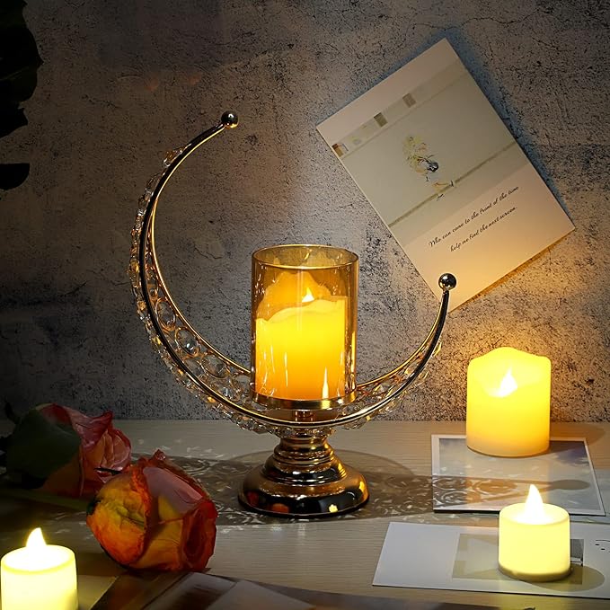 OwnMy Set of 2 Gold Moon Shaped Crystal Pillar Candle Holders Tealight Holders with Glass Covers, Metal Crystal Moon Pillar Candle Stands Votive Candlesticks Candle Lamps for Table Centerpieces