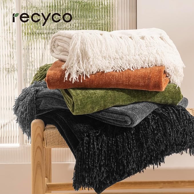 RECYCO Throw Blanket Soft Cozy Chenille Throw Blanket with Fringe Tassel for Couch Sofa Chair Bed Living Room Gift (Ivory White, 50" x 60")