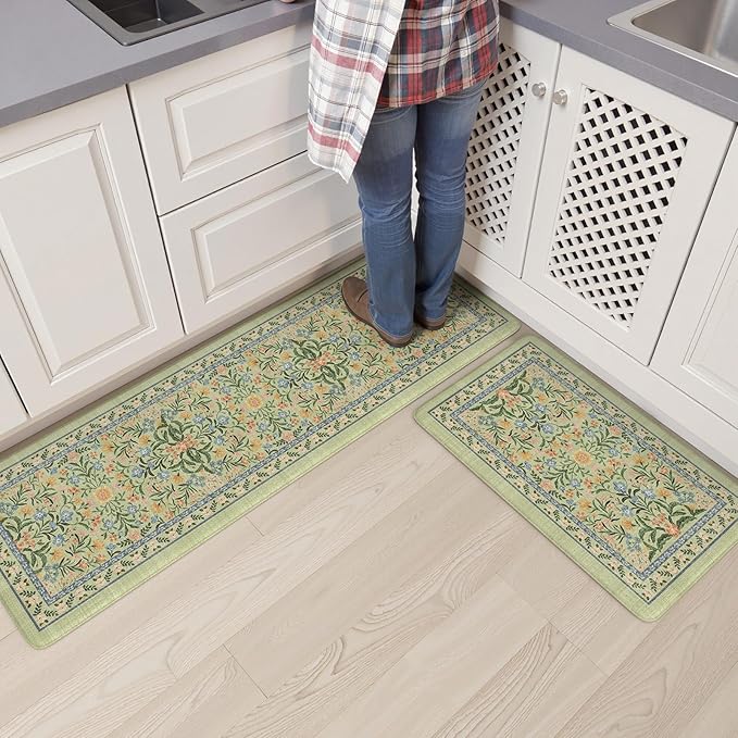 Collive Green Kitchen Mats for Floor, Cushioned Anti Fatigue Mat Non Skid Waterproof Kitchen Rugs Set of 2, Beige Vintage Comfort Standing Desk Rug for Office, Sink, Laundry, 17"x30"+17"x59"