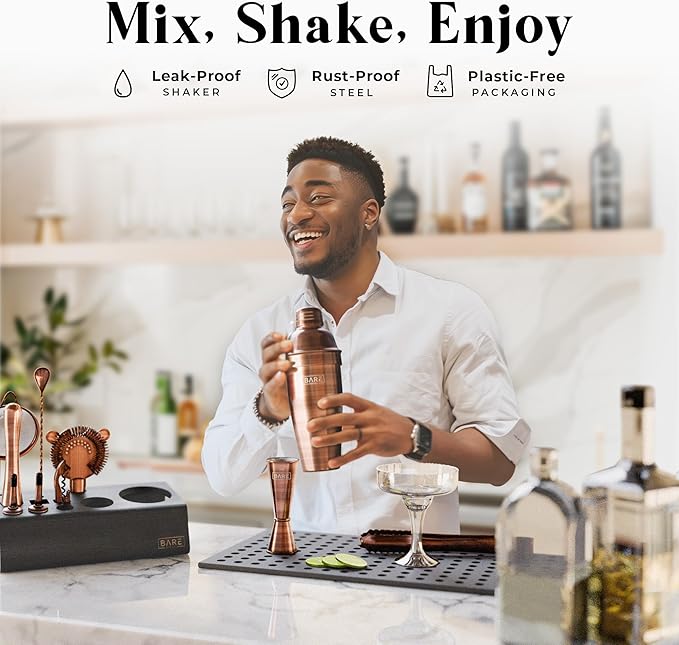 BARE BARREL® Mixology Bartender Kit Bar Set | 14-Piece Cocktail Shaker Set | Martini Barware Mixing Tools for Home Bartending | Incl. 35 Recipe Cards | Gift Set (24oz Cobbler Shaker, Copper/Black)
