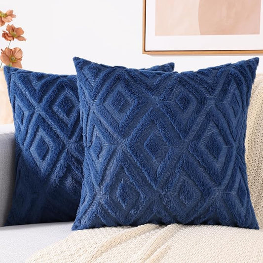 decorUhome Couch Throw Pillow Covers 16x16 Set of 2, Decorative Soft Plush Faux Wool Neutral Accent Pillow Covers for Bed Sofa Living Room, Blue
