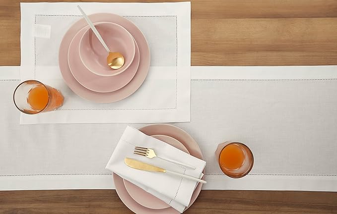 Solino Home Cotton Linen White Table Runner 72 Inches Long - Hemstitch Table Runner 14 x 72 Inch for Dresser, Dining, Fall, Autumn, Halloween, Thanksgiving, Christmas, Holiday