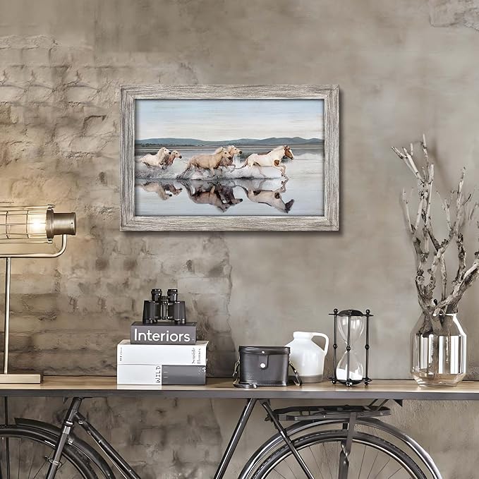 Horse Wood Wall Art Rustic: Wild Animal Galloping Framed Picture Decor Bedroom Horses Western Painting Print Wildlife Artwork for Living Room Home Bathroom