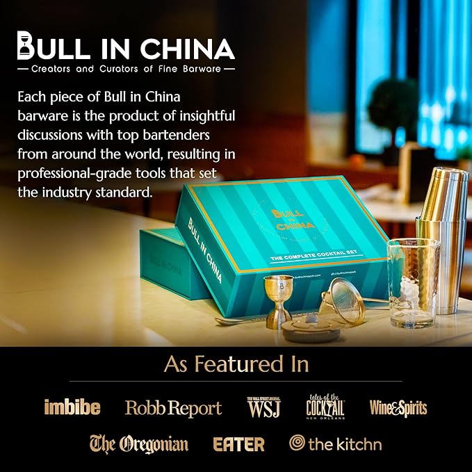 Shaken & Stirred Cocktail Set by Bull in China - Premium Bartender Gift Set w/ 2 Piece Weighted Shaker, Hammered Jigger, Hawthorne Strainer, Fine Mesh Strainer, Mixing Glass & Barspoon (Sliver)