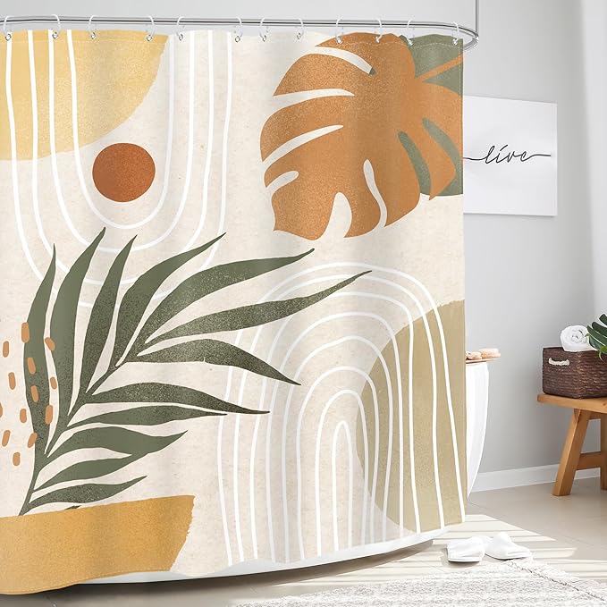 Glawry Beige Green Boho Shower Curtain Mid Century Abstract Plant Tropical Palm Leaf Modern Minimalist Bathroom Arch Geometric 72Wx72L Inches Bath Accessories Art Home Decor Fabric 12 Pack Hook