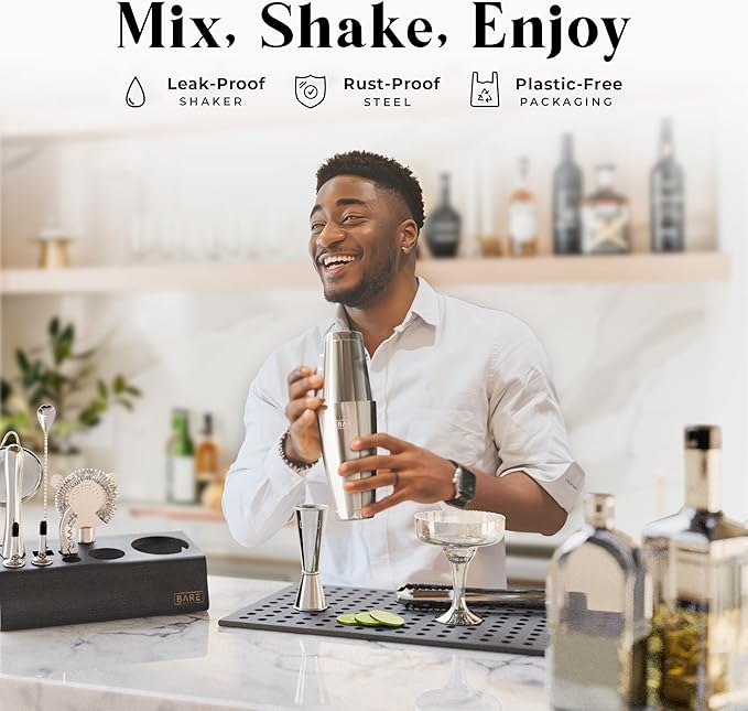 BARE BARREL® Mixology Bartender Kit Bar Set | 14-Piece Cocktail Shaker Set | Martini Barware Mixing Tools for Home Bartending | Incl. 35 Recipe Cards | Gift Set (28oz Boston Shaker, Silver/Black)