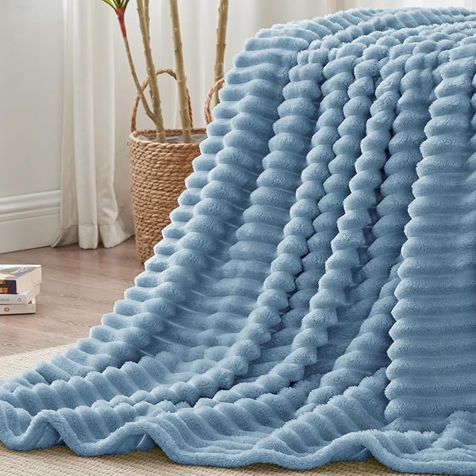 BEDELITE Full Size Blanket for Bed, 300GSM Soft & Warm Fleece Light Blue Blanket, Decorative and Giftable Striped Blankets for Women, Men, 84"x90"