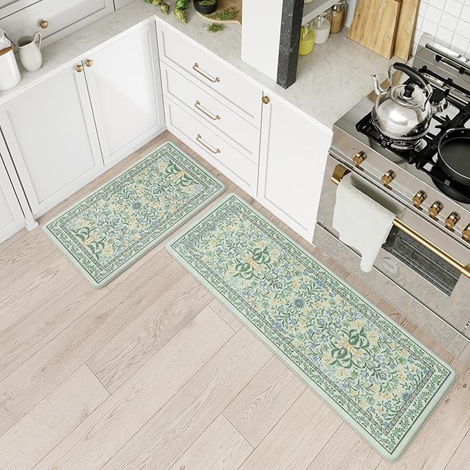 Collive Kitchen Mats for Floor 2PCS, Cushioned Anti Fatigue Mat Non Slip Waterproof Kitchen Rugs, Spring Floral Comfort Standing Rug for Home, Office, Sink, Laundry, 17"x30"+17"x47"
