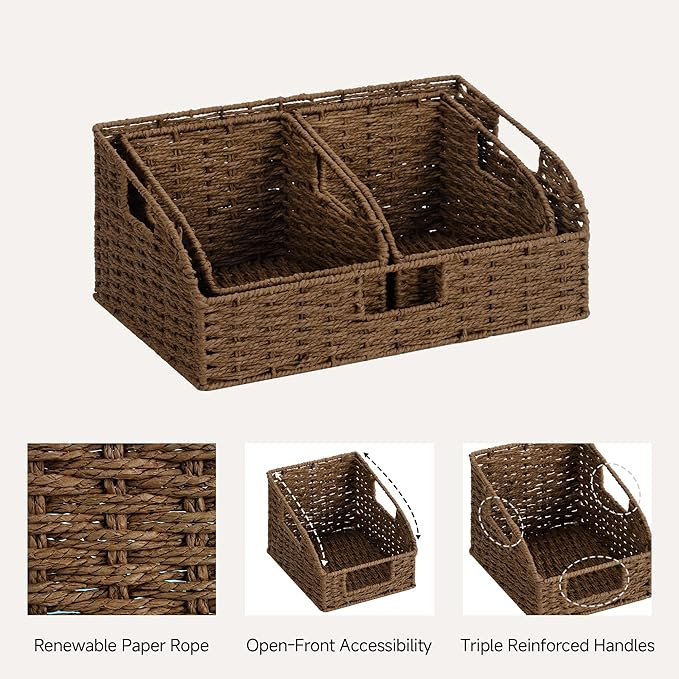 StorageWorks Paper Rope Pantry Storage Baskets, Wicker Baskets with Built-in Handles, Handwoven Shelf Baskets for Organizing, Pantry Organizers and Storage, Brown, 3 Pack