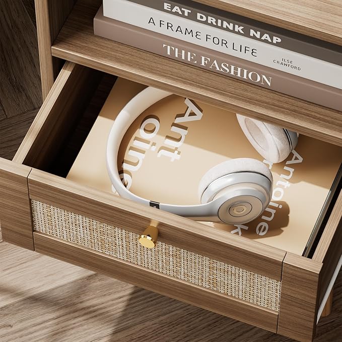 Night stand Set of 2, Bedside Tables with Charging Station, Rattan End Tables, Bed Side Tables, Wood Nightstands set of 2 for Farmhouse Kids' Room Bedroom Living Room Dorm Sofa Office Corner(Brown)