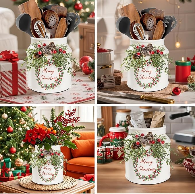 Christmas Utensil Holder, Cute Christmas Wreath Utensils Holder for Christmas Kitchen Decor, Xmas Vintage Rustic Ceramic Utensils Crock With Pinecone Accents for Indoor Kitchen Decorations