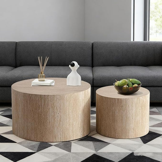 Round Nesting Coffee Table Set of 2 Small Round Coffee Tables for Living Room Modern Fluted Coffee Table Circular End Table Side Table for Small Spaces No Assembly (Travertine, 27 in)