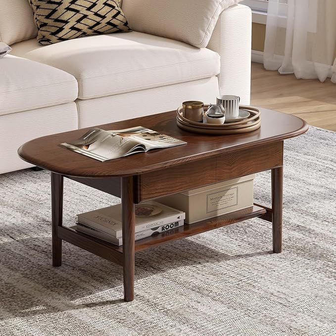 100% Solid Oak Wood Coffee Table for Living Room, 2-Tier Mid Century Modern Living Room Table with 2 Drawers & Open Shelf, Coffee Table with Rounded Corner for Home (Oak Walnut Finish, 39.37'' W)