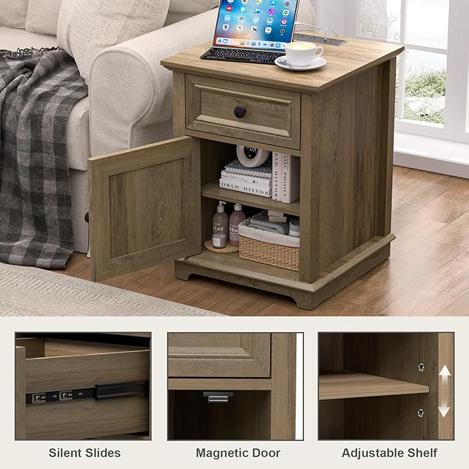 End Tables with Charging Station Set of 2, Side Tables with Drawer and Adjustable Shelf, Night Stand Set of 2, Wooden Side Table for Living Room/Bedroom/Office, Light Brown