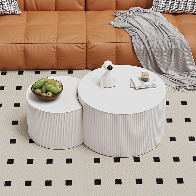 Round Nesting Coffee Table Wood Drum Nesting Tables Modern Stacking Coffee Table Set of 2 Fluted Center Table End Table for Living Room Home Office Small Spaces, No Assembling (White Large)