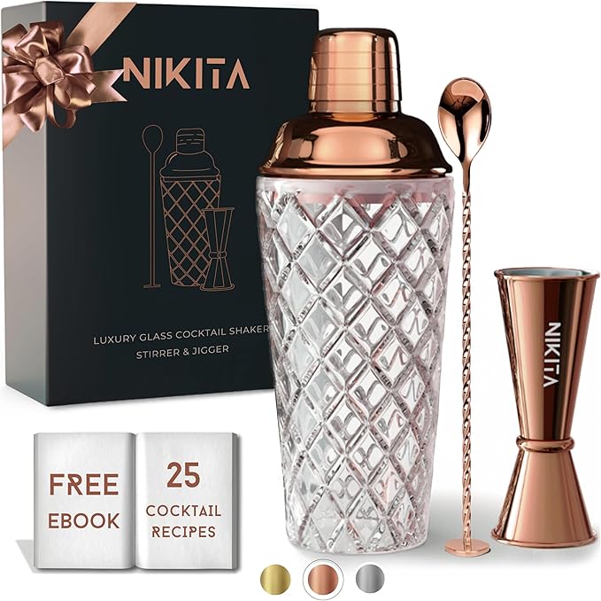 Rose Gold Cocktail Shaker Glass Set - 5 Piece Martini Shaker Set with Strainer, Jigger, Spoon & Muddler - 16oz Crystal Shaker - Ideal Gift for Home Bar & Drink Trolley Décor