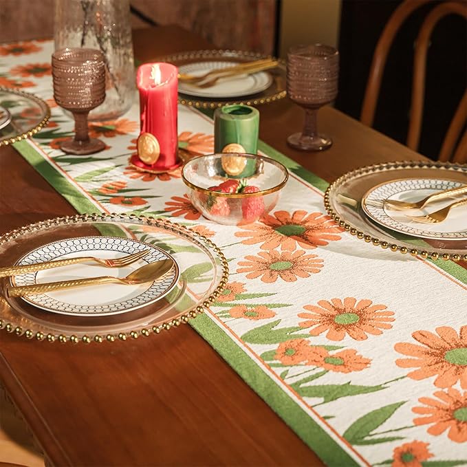 13×72 Inch Table Runner, Retro-Luxury Tassels Series for Kitchen Dining Table Holiday Decoration (Daisy)