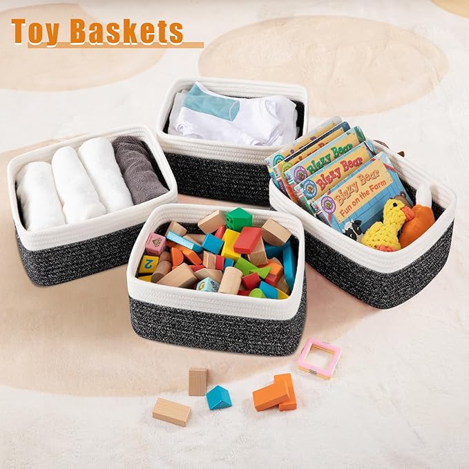 OIAHOMY 4 Pack Storage Baskets for Organizing, Small Bins for Shelves, Cute Decorative Storage Bins, Organizer Baskets for Gifts Empty, 11.8''Lx7.8''Wx4.7''H, Black/White