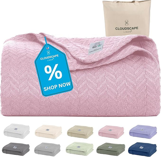 Cloud Scape Linen Herringbone Cotton Throw Blanket for Couch, Bed,Sofa, Home Decor, Soft, Lightweight, All-Season Bed Blanket, 50 x 70, Seashell Pink