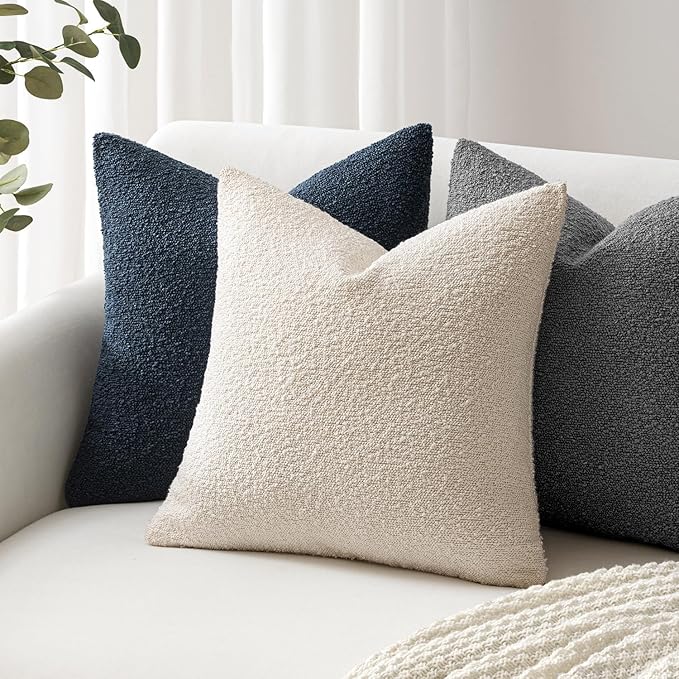 Woaboy Pack of 2 20x20 Inch Decorative Boucle Throw Pillow Covers Textured Square Pillowcaes Accent Solid Cozy Soft Cushion Covers Home Decor for Sofa Couch Living Room Home Decor,Navy Blue