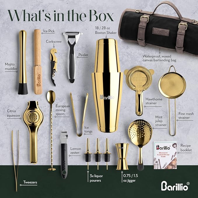 Barillio Bartender Kit Bag with Gold Cocktail Shaker Set - Waxed Canvas, Traveling Bar Tools Bag with 17-Pc Cocktail Kit - Travel Mixology Bartending Kits - Mobile Bar Roll with Strap & Accessories